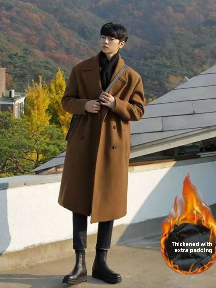 

Korean Sle Men's Long Overcoat Loose Fit Thiened Knee-Length Double Breasted Briti Sle Autumn Winter Thi Japanese S...