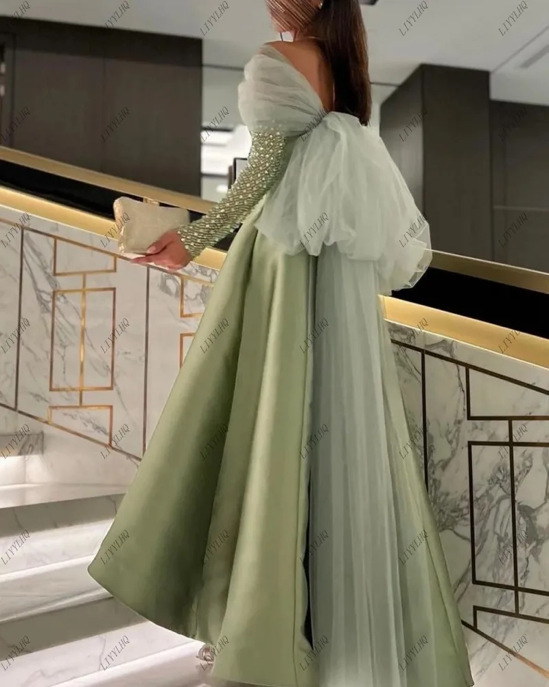 LIYYLHQ Arabia Women Mint Green Prom Dresses Long Sleeve Beading Bow Tie Women Sexy Off Shoulder Evening Gowns Robe De Soirée