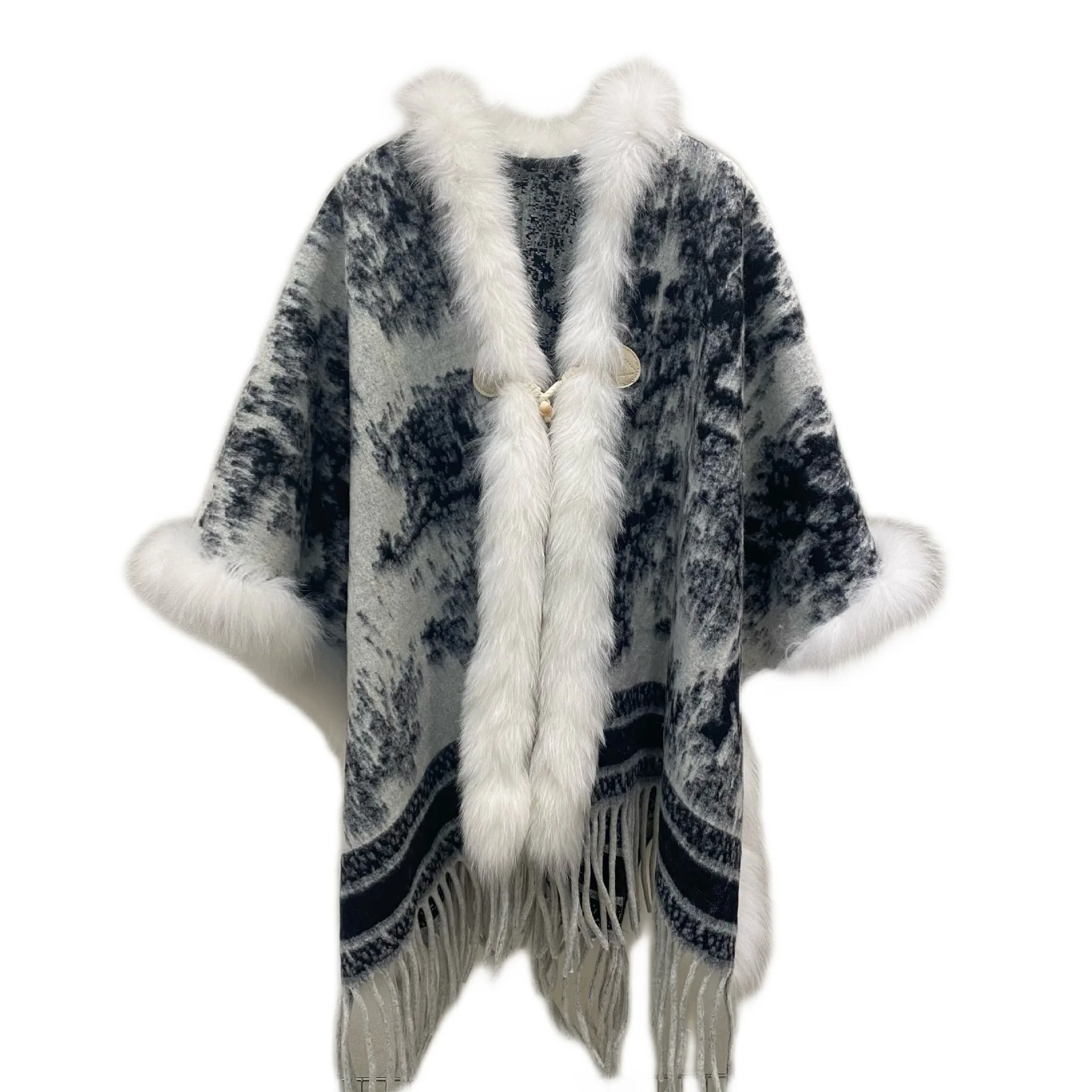 Women 2025 Elegant Shawl Tassel Cape Fox Fur Collar High-End Faux Fur Coats Female Nice Loose Comfort Color Matching Trendy Tops