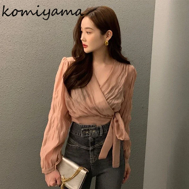 Komiyama V Neck Ruched Blusas Mujer Lace Up Tunic Shirts Blouses Spring Puff Long Sleeve Camisas Aesthetic Fashion Shirt Tops