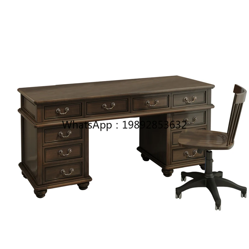 LYY Walnut American Style Large Study Desk Pure Solid Wood Home Study Desk