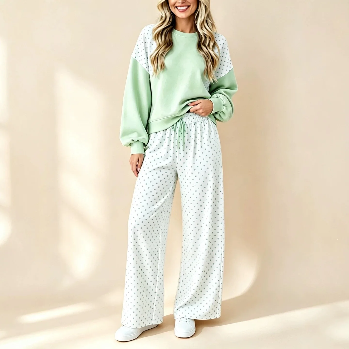 2026 New Autumn/winter Color-block Polka Dot. Women's Set Featuring A Round-neck. Long-sleeved Top And Wide-leg Pants. With A