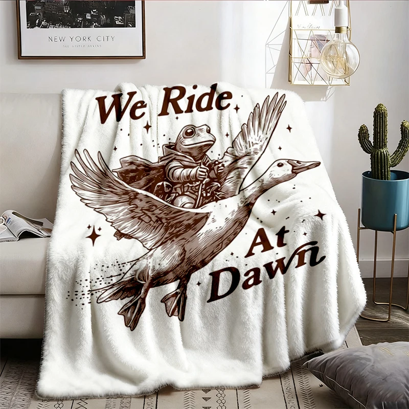 We Ride At Dawn Flannel Blanket, Frog Riding Goose Flannel Throw, Funny Fantasy Meme, Chaotic Animal