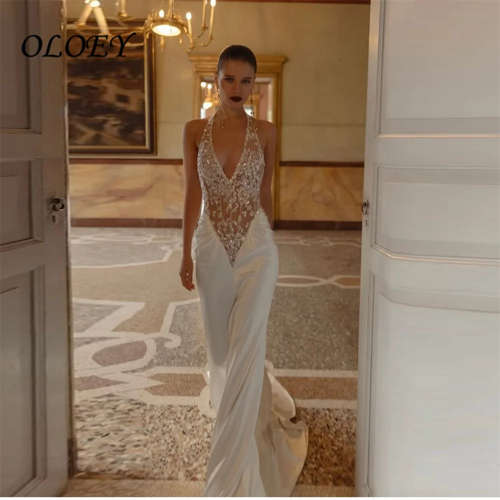 OLOEY Luxurious Mermaid Wedding Dress Glossy Satin Bridal Gown Halter Deep V Backless Beaded Bodice Wedding Gowns Customized