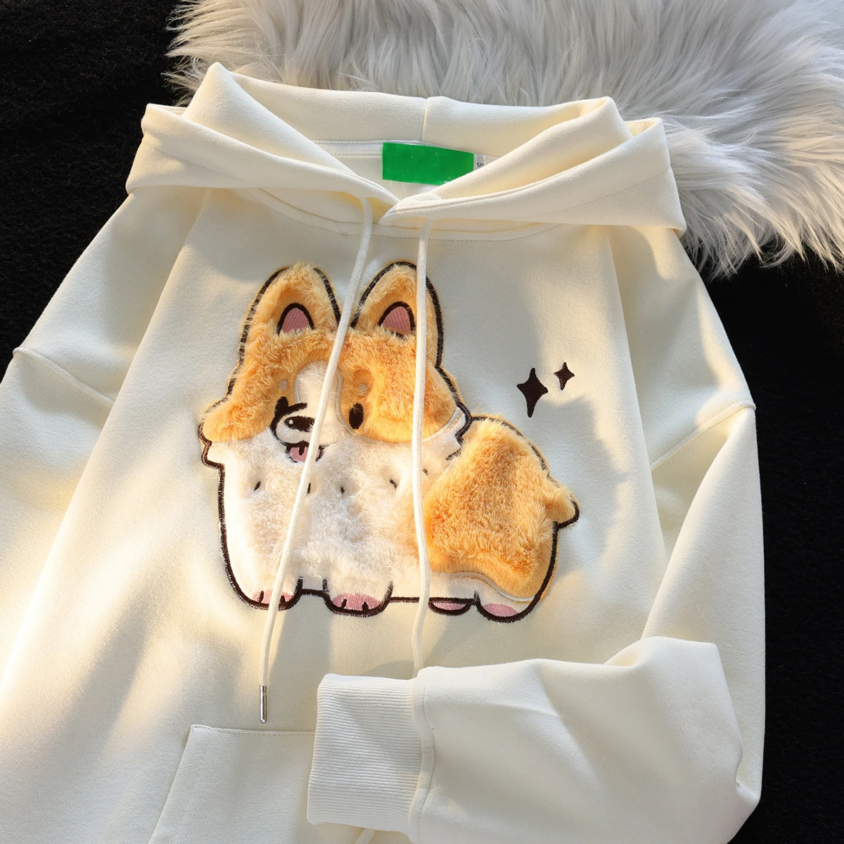 Autumn Winter Cartoon Corgi Dog Embroidery Pullover Women Sweatshirt Hoodie Streetwear Couples Top Clothes Casual Hooded Coat