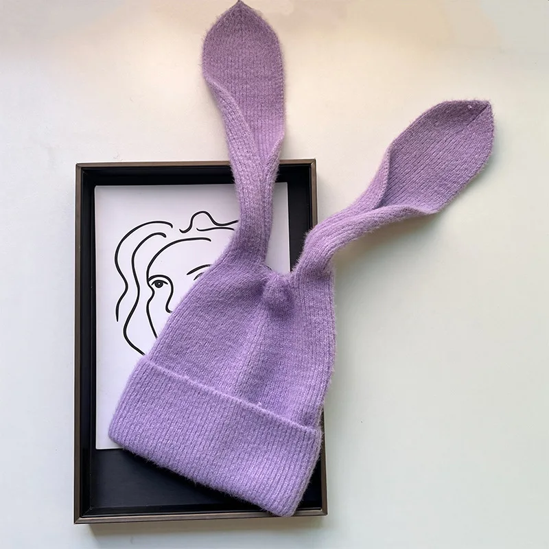 Japanese Long Ears Rabbit Knitted Hat Women's Winter Warm Soft Solid Color Woolen Hat