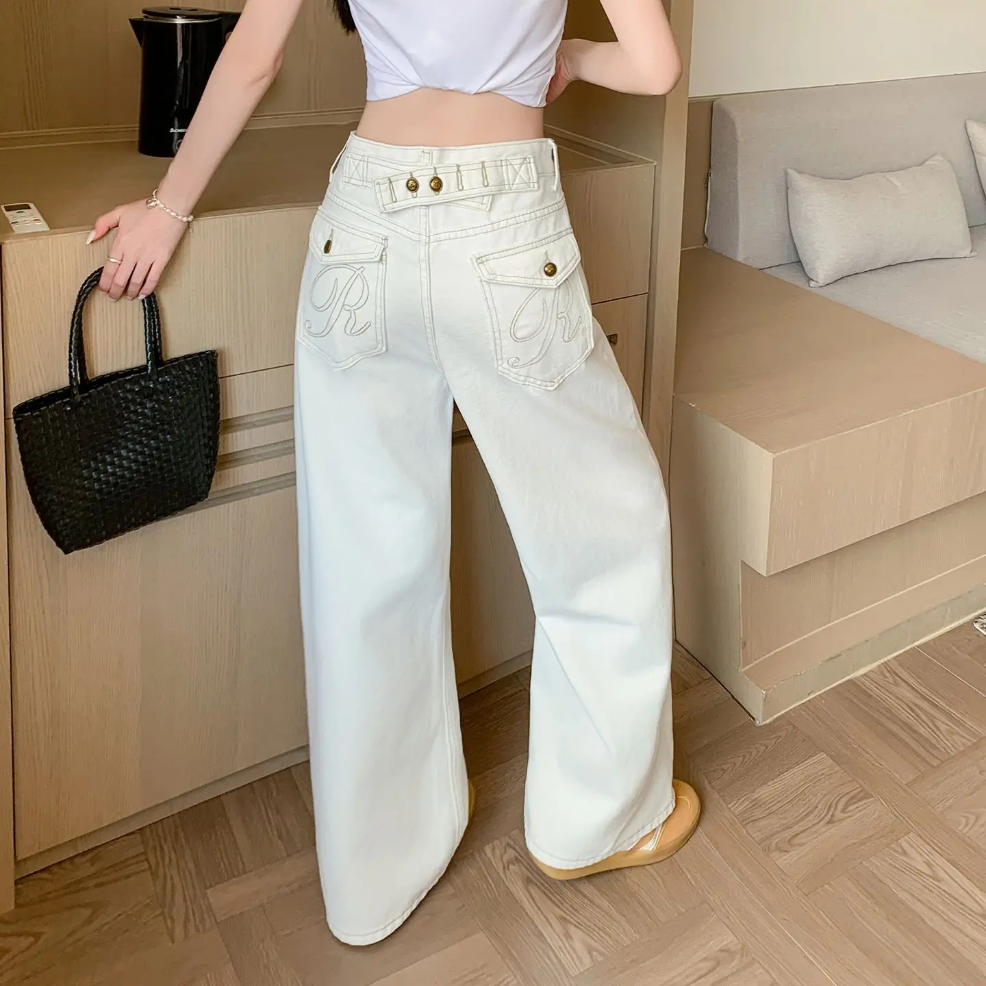 Button Detail Jeans Womens Vintage Design Sense Wide Leg Floor Length Trousers Y2K Streetwear Summer  Casual Chic