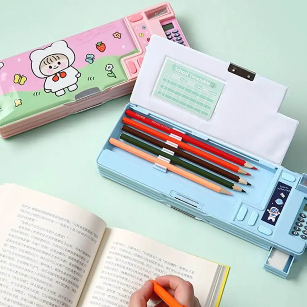 Plastic Pencil Case Fun Mechanism Design Double Sided Use Stationery Storage Box Large Capacity With Calculator/Pencil Sharpener