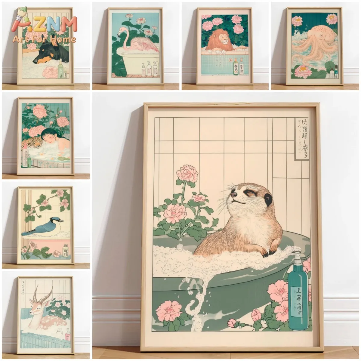 AZNM Frameless Canvas Wall Art, Japanese Ukiyo-e Cute Animal Bubble Bath Print, Floral Meerkat Dog Flamingo Octopus Bath Illustr