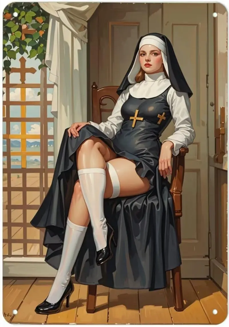 Vintage Metal Sign Aluminum Sexy nun The sat on a chair Tin Retro Wall Decor for Home, Cafe, and Garden - Gift