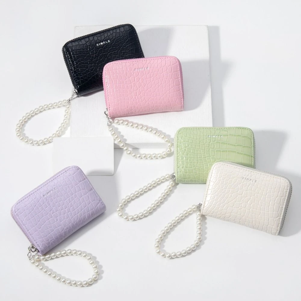 

Portable PU Leather Coin Purse Large Capacity Handheld Coin Storage Bags Crocodile Pattern Pearl Chain Card Bag