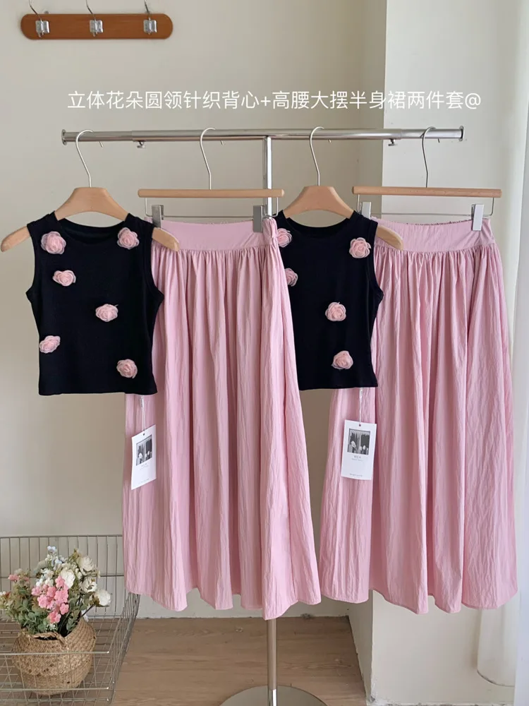 New Korean Sweet 2 Piece Set Women 3D Flowers Sleeveless Top + High Waist Pleated Long Skirt Two-piece Outfits Conjuntos Cortos