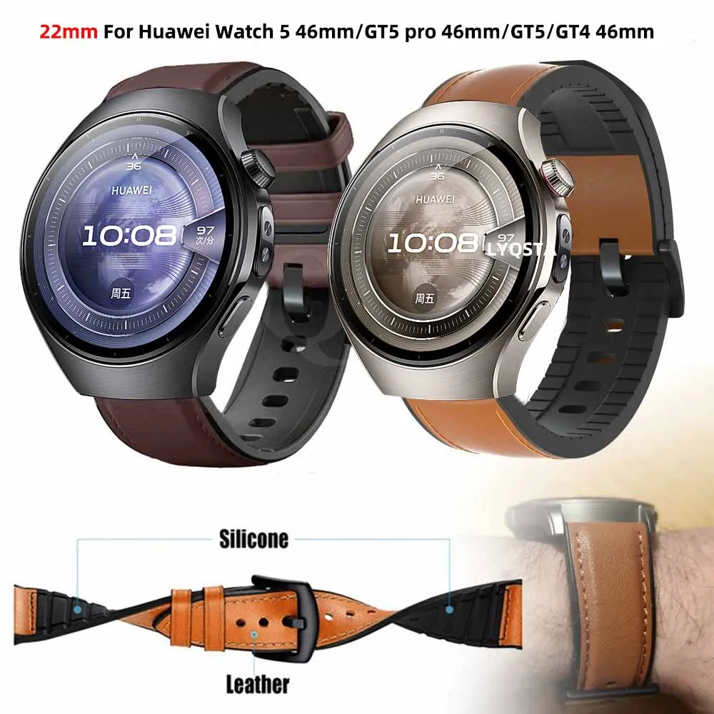 22 مللي متر جلد + سيليكون باند لهواوي ساعة 5 46 مللي متر/4pro/GT6 برو 46 مللي متر Smartwatch حزام سوار لهواوي ساعة GT4 GT5 GT6 46 مللي متر #1