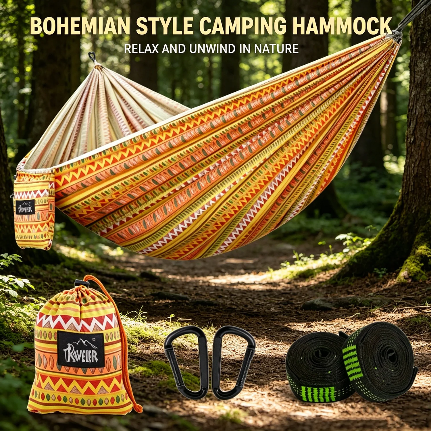 Hamaca portátil para acampar con correas para árboles y mosquetones, hamaca doble de tela tejida duradera para viajes al aire libre, senderismo, playa y patio, incluye bolsa de almacenamiento con compresión