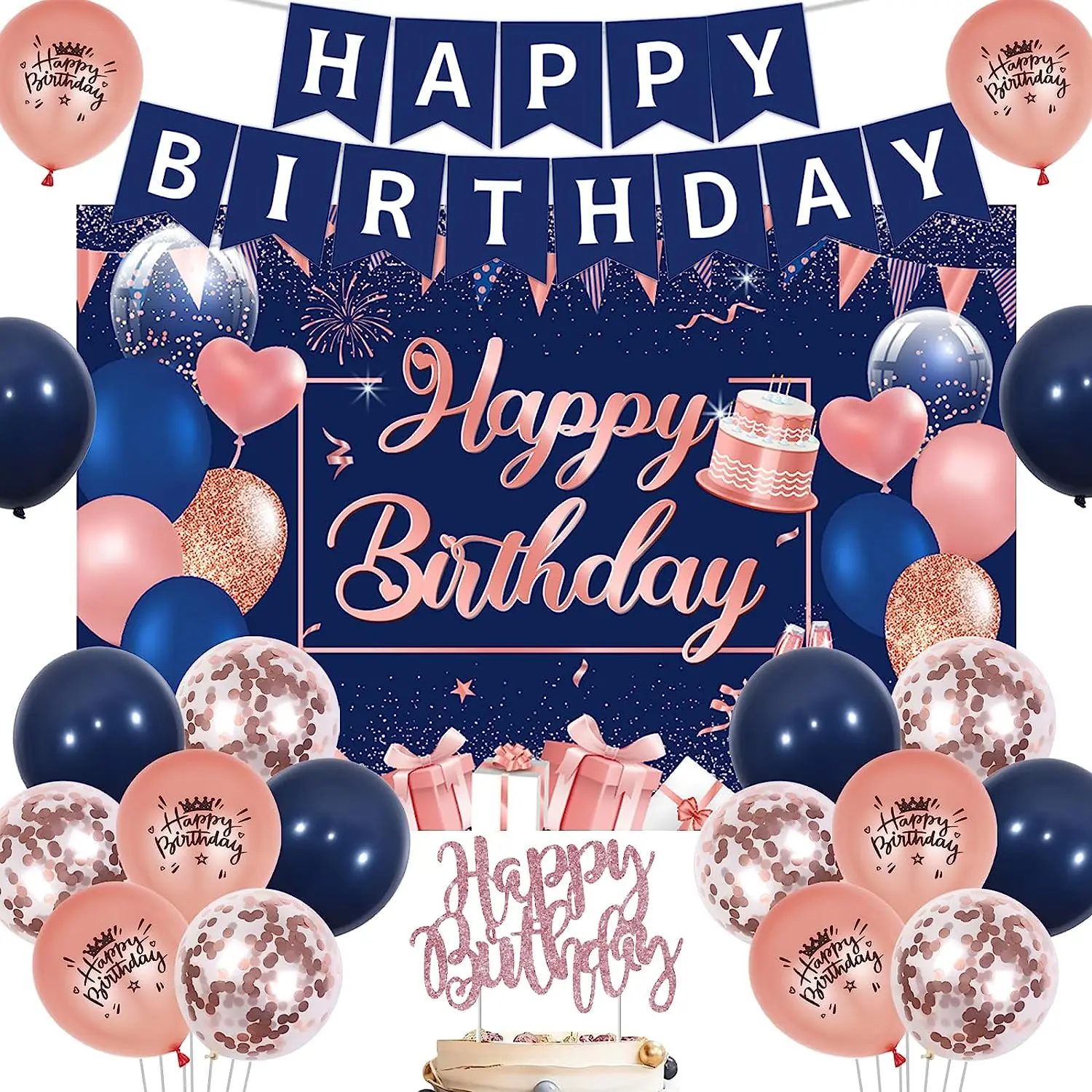 

Navy Rose Gold Birthday Party Decoration, Happy Birthday Banner, Backdrop Balloon, Supplies for Women, Girl, 16th, 18th, 21st, 5