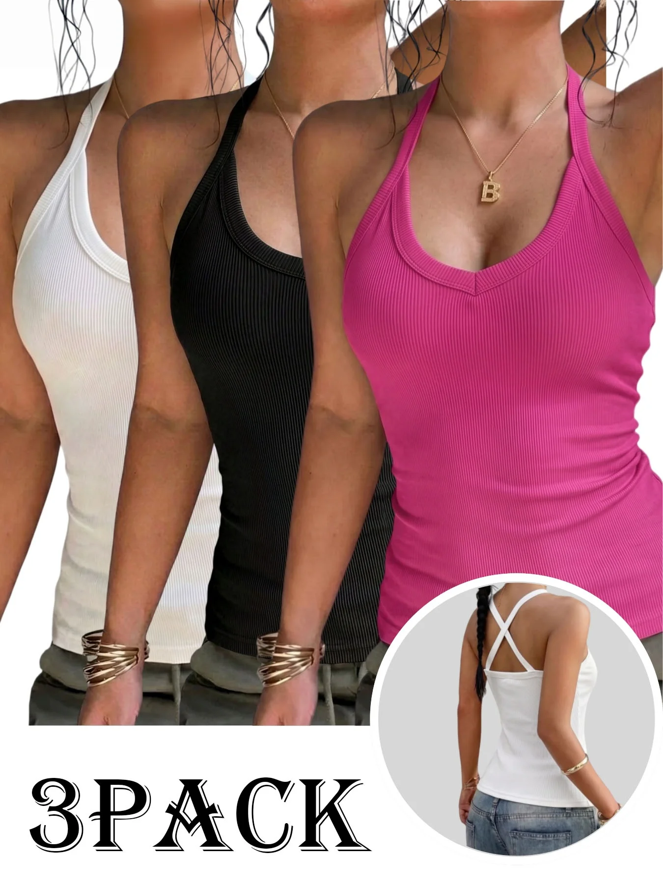 3-Piece Set of Women's Ribbed Cross-Back V-Neck Camisole Tops, Y2K Style Slim-Fit Backless Camisole Tops, Soft and Stretchy Sleeveless Tops, T-Shirts, Base Layer Shirts, Suitable for Layering or Wearing Alone, for Daily Casual Wear, Home Fashion, Parties, Outdoor Sports, and Yoga
