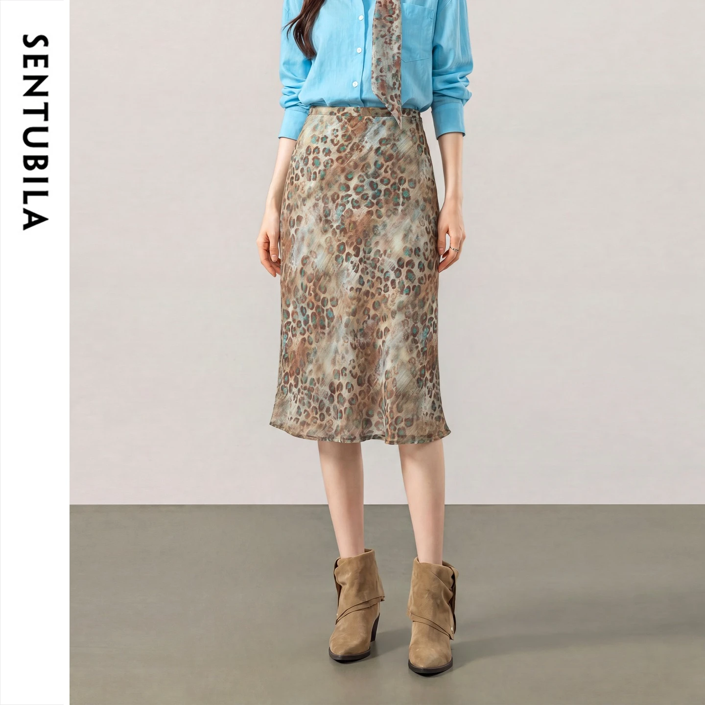 SENTUBILA Vintage Shiny Leopard Print Midi Skirt for Women 2026 Autumn High Waist A-Line Detachable Scarf Ladies Skirt 163QA8295