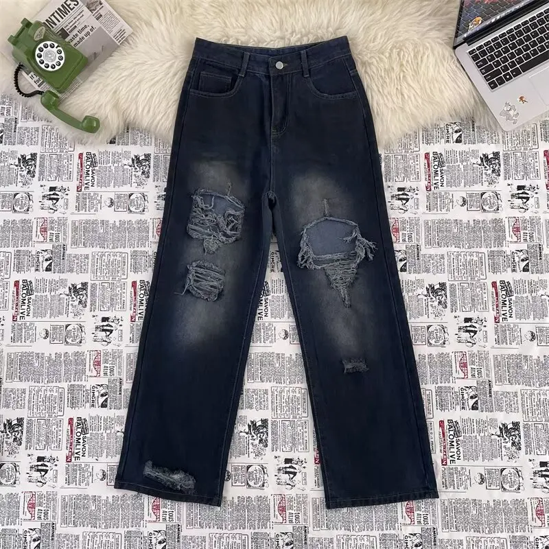 

High Street Trendy Ripped Wide Leg Jeans for Women in Spring and Summer New High Waist Loose Fashion Floor Pants y2k Jeans Woman