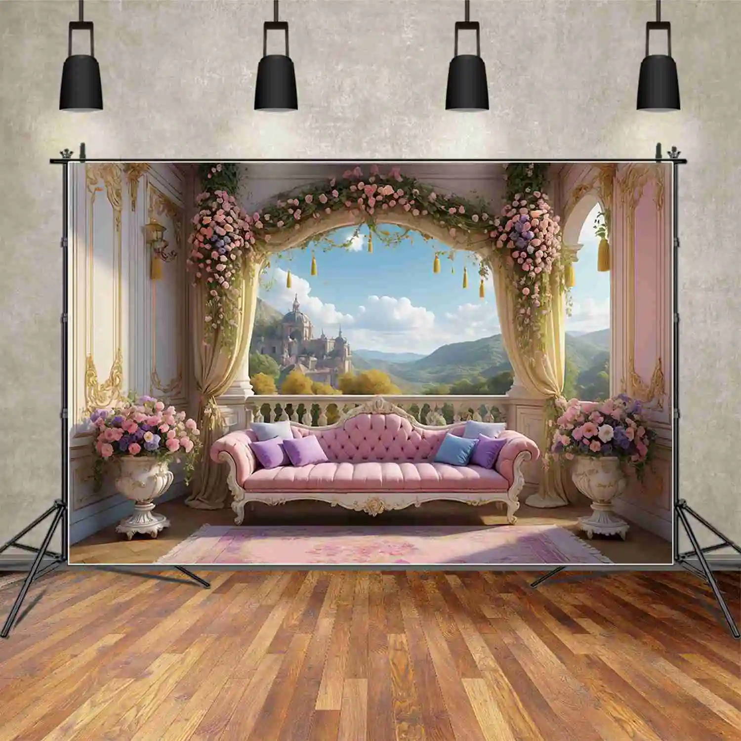 MOON.QG Princess Flower Castle Birthday Backdrop Women Sofa Garland Pink Curtain Backgrounds Custom Party Photocall Accessories