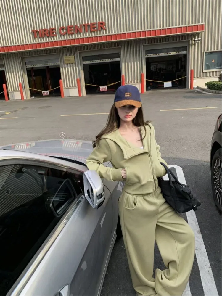 Women's 2-piece Activewear Hoodie Set Hooded Zip-up Fleece-lined Jacket High-waist Wide-leg Floor-length Pants Street Trendy