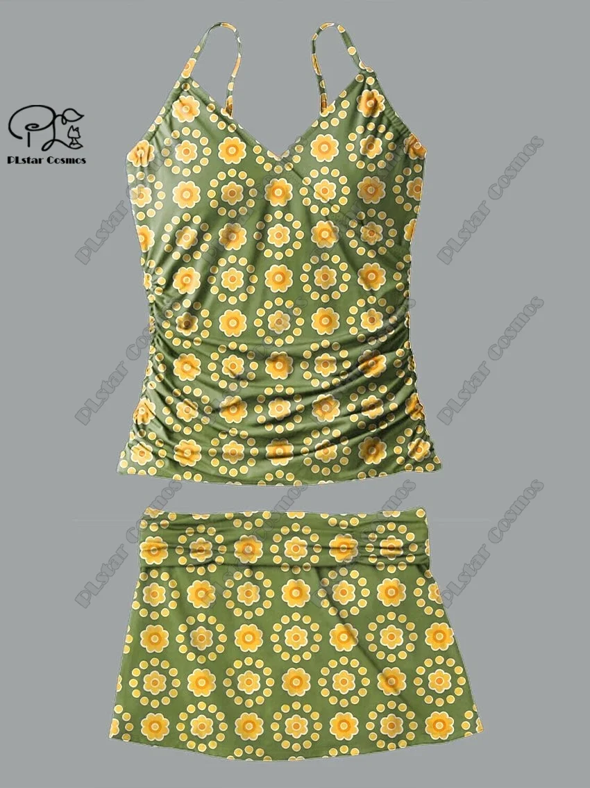 Fato de banho de duas peças com estampa floral decote em v feminino, saia suspensor, terno estilo feriado, verão fresco, pequeno, novo, Q-51