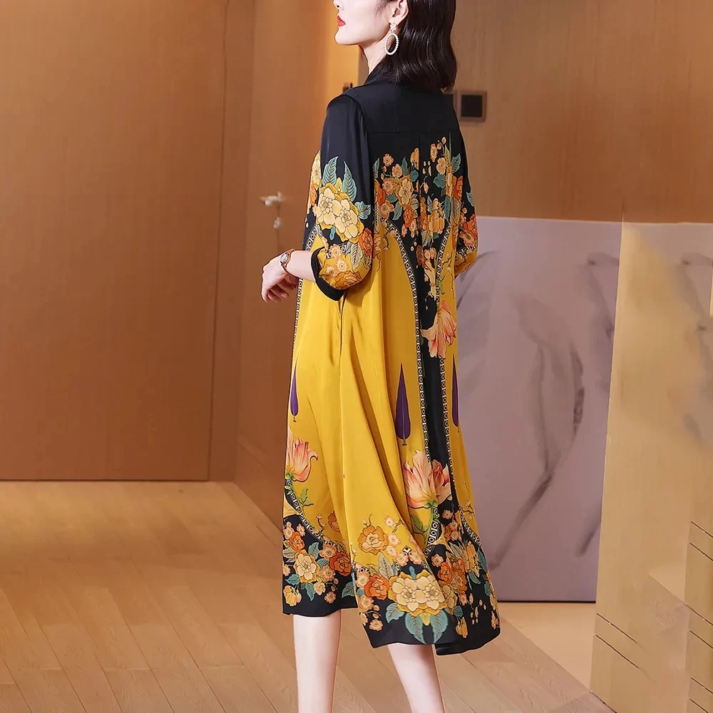 Temperament Silk Dress 2024 Spring Summer New Loose Large Size Long Dresses Women High End Fashion Printed Maxi Dress Vestidos