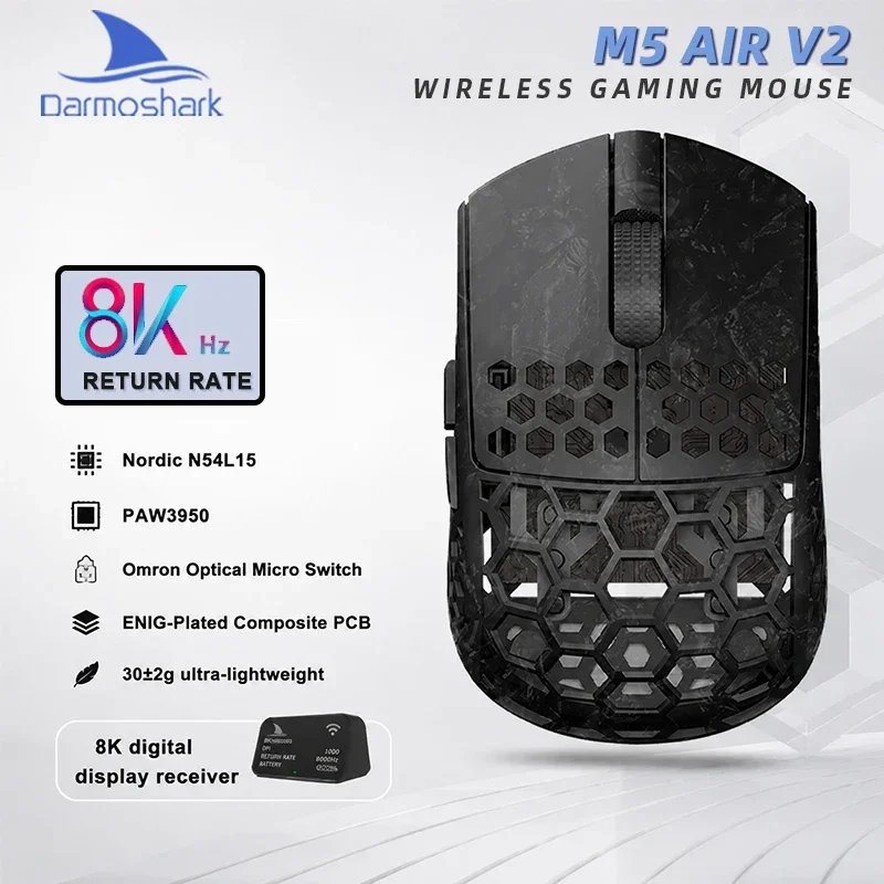 Darmoshark M5 AIR V2 Wireless Gaming Mouse,8KHz Polling Rate,PAW3950 30KDPI,Nordic N54L15,30g Ultra-Light,Omron Optical Switch