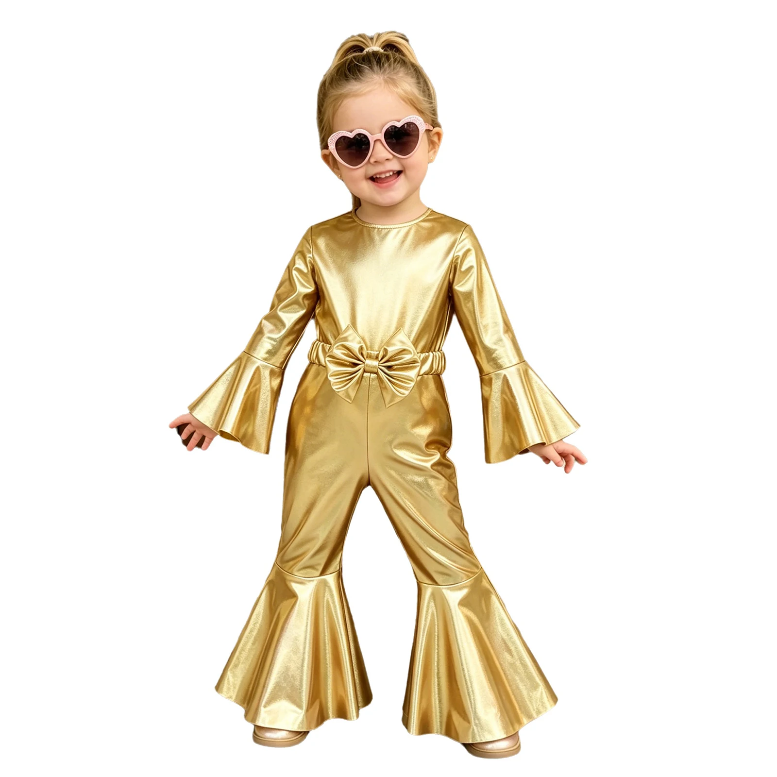 Baby Girls 70s Disco Costume Metallic Shiny Ruffle Zipper Bell-bottom Jumpsuit with Bow Belt for Birthday Party Photo Shoot