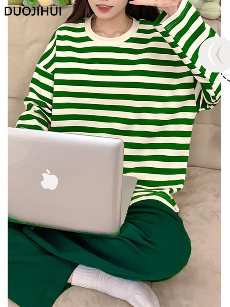 DUOJIHUI Women's Green Stripe Set Pajamas Fashion Round Neck with Chest Pad Lady Home Furnishing Sweet Long Sleeve Two Piece Set