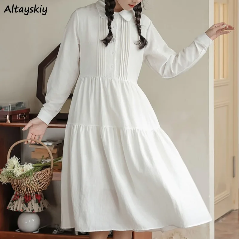 White Dresses for Women Turn-down Collar Long Sleeve First Love Korean Style Solid Young Girls Ins Sweet Spring Autumn Mid-calf