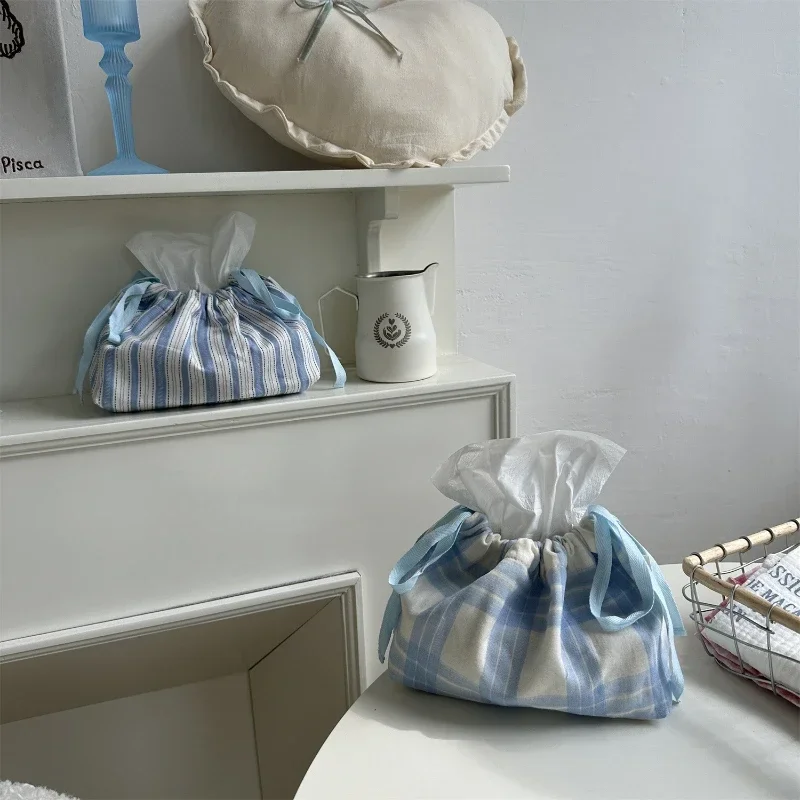 Portable Tissue Box Draw Rope Tissue Storage Bag Ins Grid Stripe Paper Organizer Wet Wipes Case Car Pouch Outdoor Useful Korean