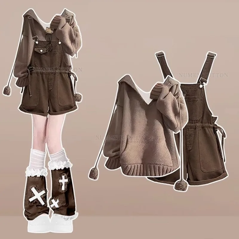 

Women's 2025 Autumn/Winter New Vintage Denim Strap Shorts Matching Set Korean Elegant Knit Hoodie Sweater+Jeans 2-piece Suit