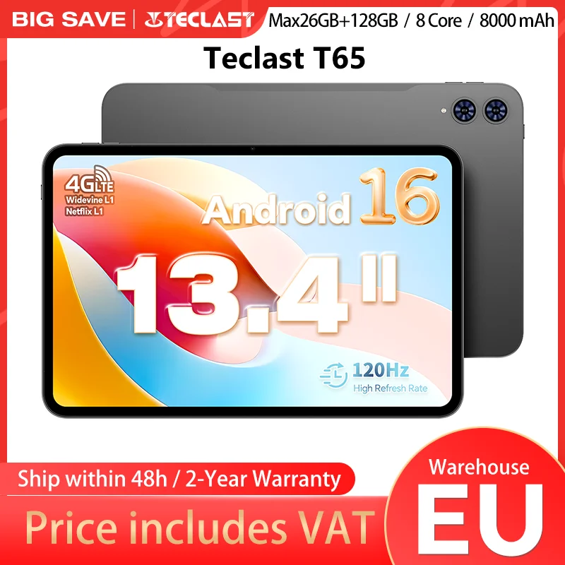 Teclast T65, 13.4 Inch 120Hz Tddi, Android 16 Tablet, (6Gb+20Gb
