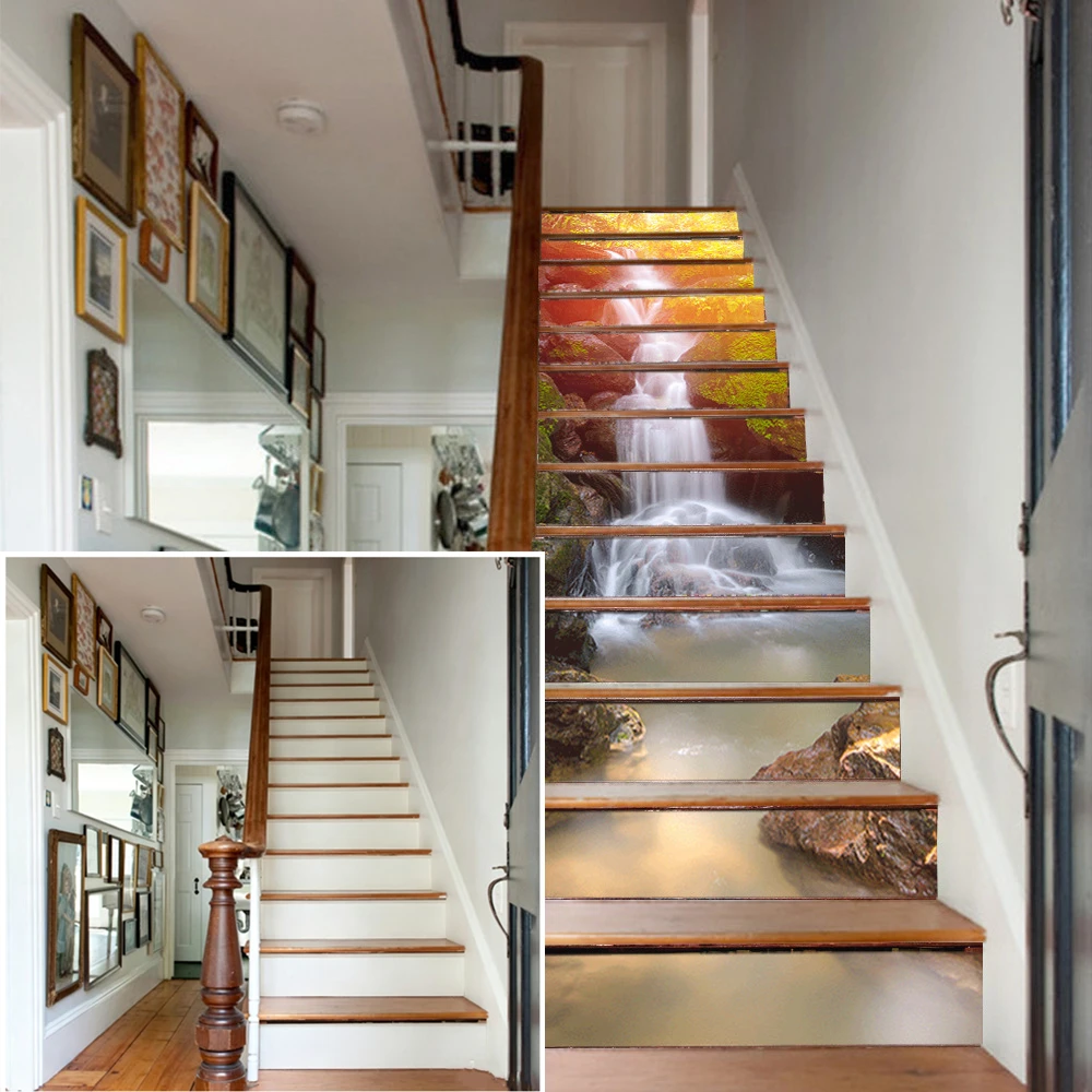 13Pcs 100x18cm Stair Riser Decals Sunlight Waterfall Forest Vinyl Stickers Peel & Stick Waterproof Villa Home Renovation Decor