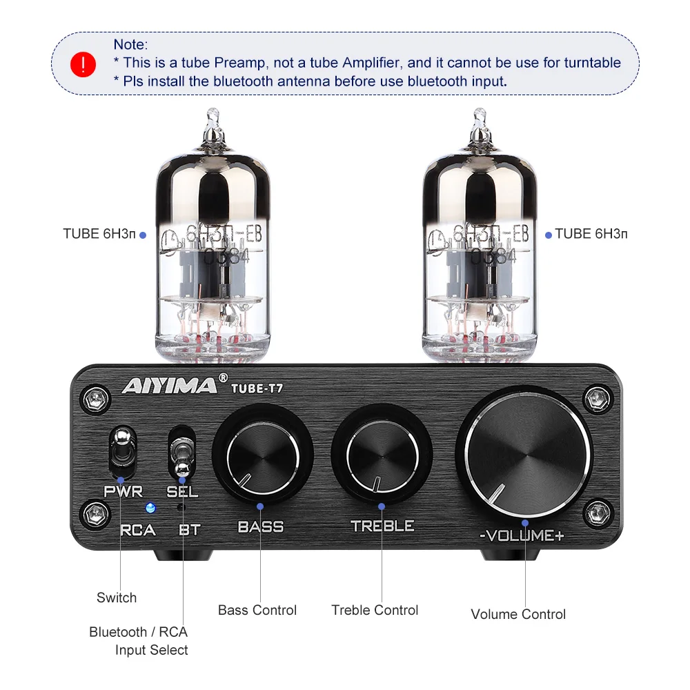 AIYIMA Audio T7 6H3N Tube Pre-Amplifier Amplifier HiFi Stereo Bluetooth 5.0 Vacuum Bile Tube Preamp For Speaker Amplifiers