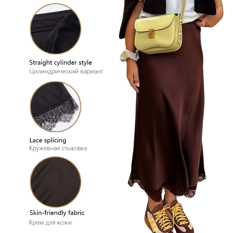 Moda feminina saia de comprimento médio cetim renda retalhos saia de comprimento médio elegante e feminino adequado para uso diário e datas