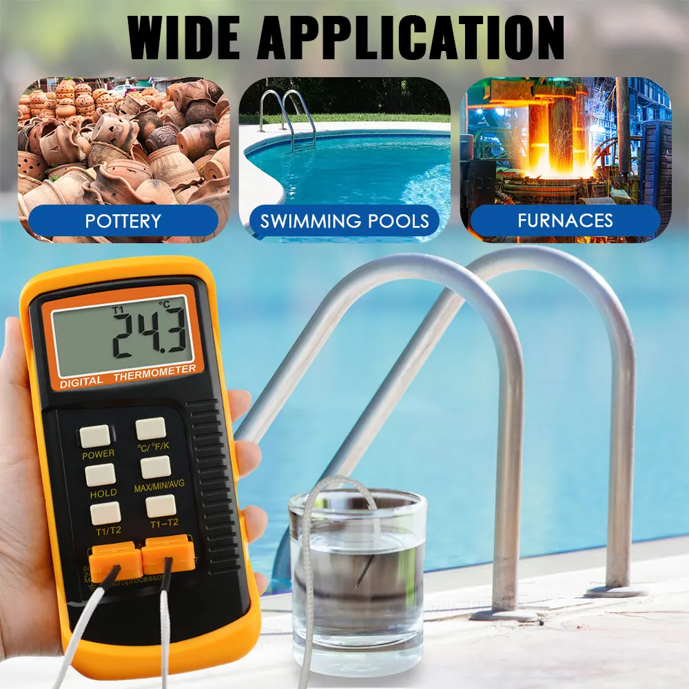 Digital K Type Thermocouple Thermometer Set Dual Channel Wired K-Type And Stainless Steel Thermocouples Ovens Furnaces Ceramics