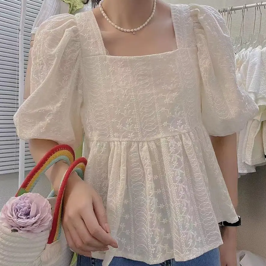 Summer Blouse T-shirt Women Square Collar Puff Sleeve Big Hem High Waist Tops Shirts Female Casual Shirts