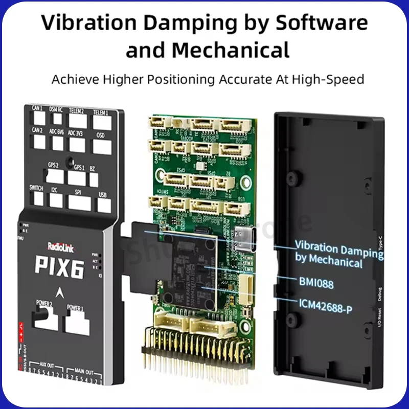 

HotSale RadioLink PIX6 Open-source Flight Controllers 16CH Dual-Gyro OSD Module Integrated Two-way DShot for AUV Fixed-wing Cars