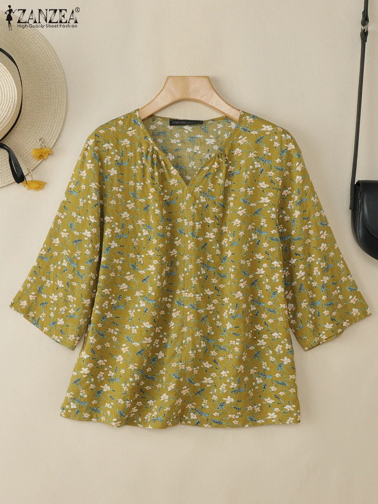 

ZANZEA 3/4 Sleeve Vintage Blusas Mujer Day Wear V-Neck Cotton Blend Casual Blouses Womens Summer Ditsy Floral Printed Tunic Tops