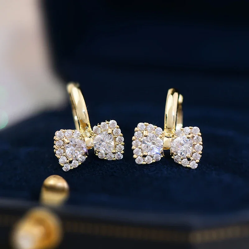 Trendy Exquisite 14k Real Gold Plated Zircon Bowknot Hoop Earrings for Women Girl High Quality Jewelry AAA Zircon Buckle Type