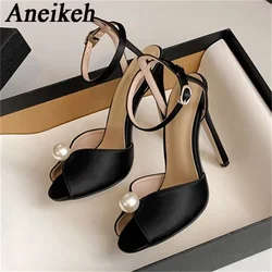 Aneikeh 2025 Fashion String Bead High Quality Cozy Silk Ankle Strap Sandals Women Summer Pumps High Heels Party Prom Shoes Black