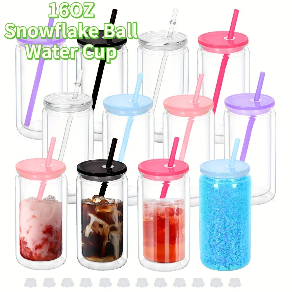16OZ Snowflake Ball Water Cup Plastic Outdoor Water Bottles With Lid and Straw Reusable 2-Layer Design Juice Milk Coffee Jar Cup