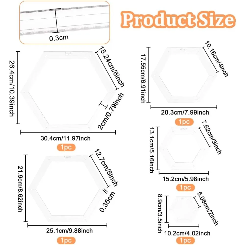 5 Sizes Hexagon Quilting Template, Acrylic Intricate Sewing Machine Ruler with 0.14Inch Hole for DIY Hand Patchwork Craft