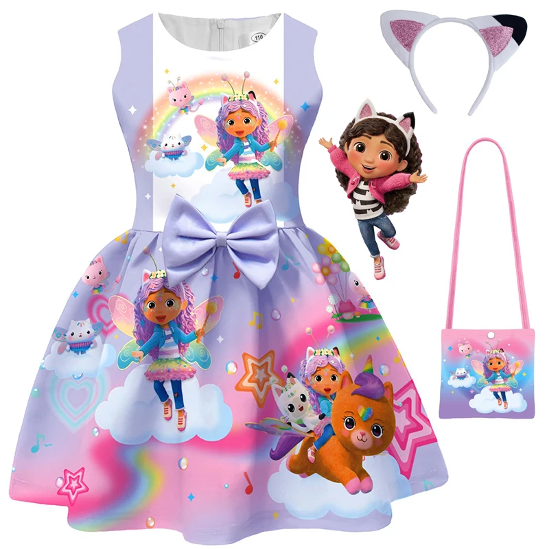 

Летний костюм Gabby's Dollhouse для маленьких девочек, платье Gabby Doll House с принтом и бантом, праздничное платье принцессы, детские платья