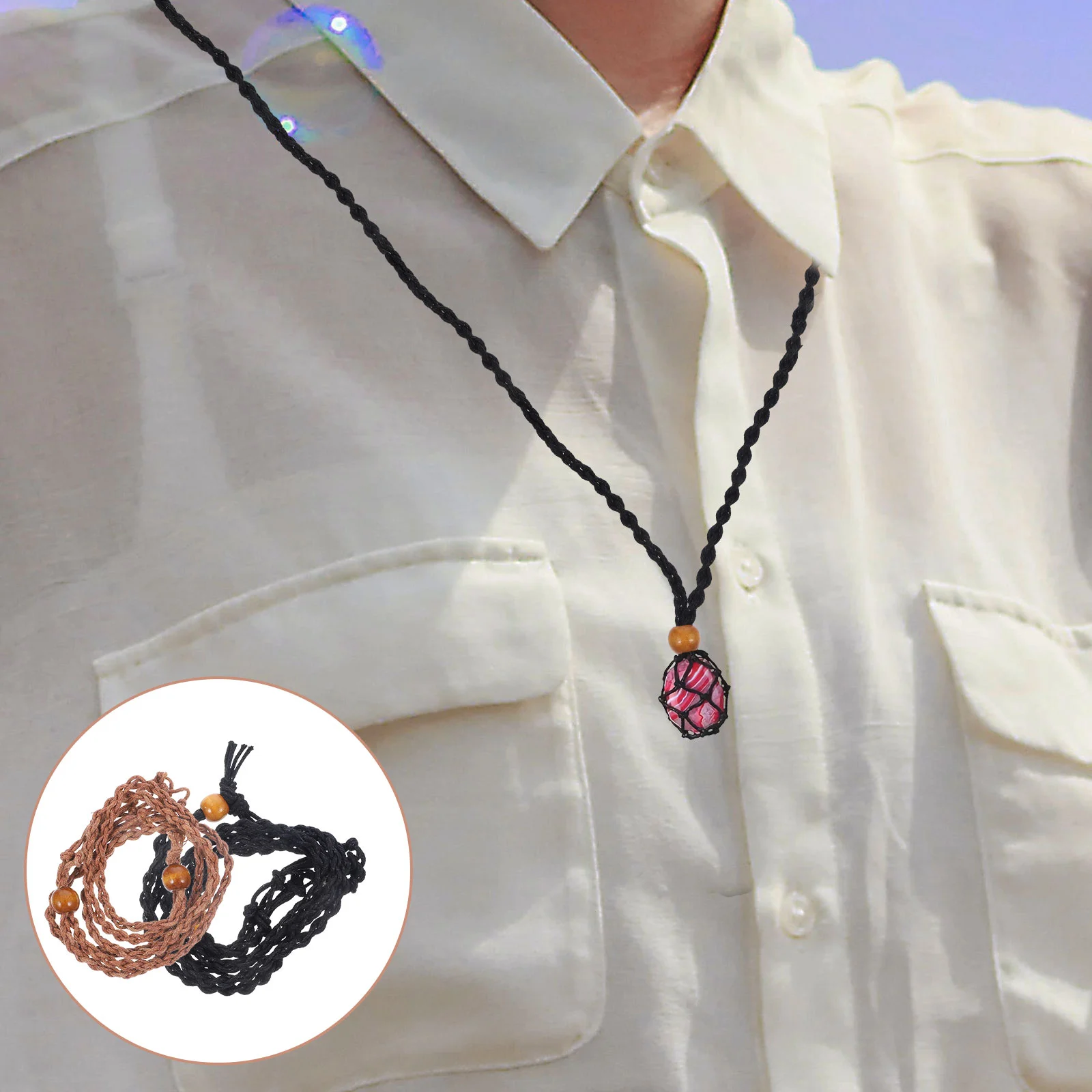 

10 Pcs Natural Stone Woven Holder Necklaces Adjustable Length Large Size Net Design Pendant