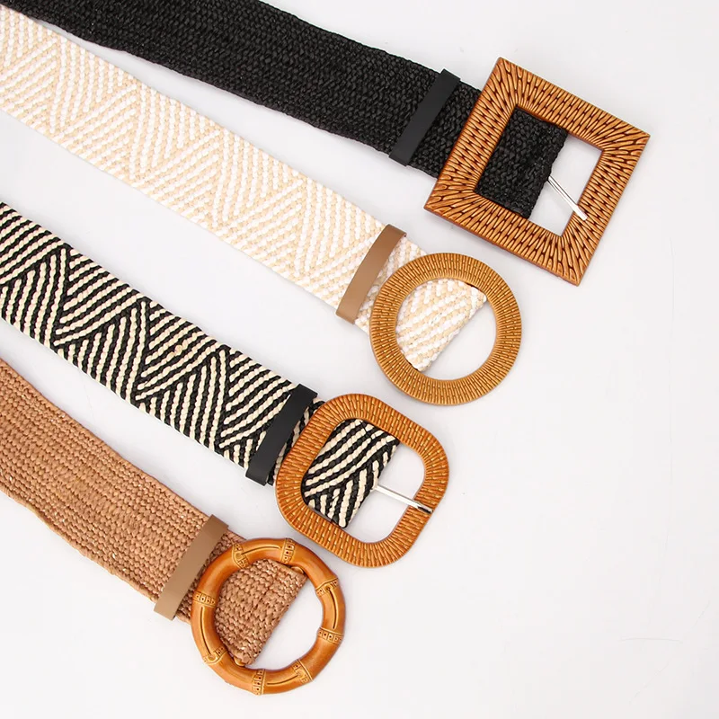 

Fashion Round Square Wooden Buckle Dress Belt Beach PP Straw Weave Elastic Wide Waistband Bohemian Vacation Dress Decoration