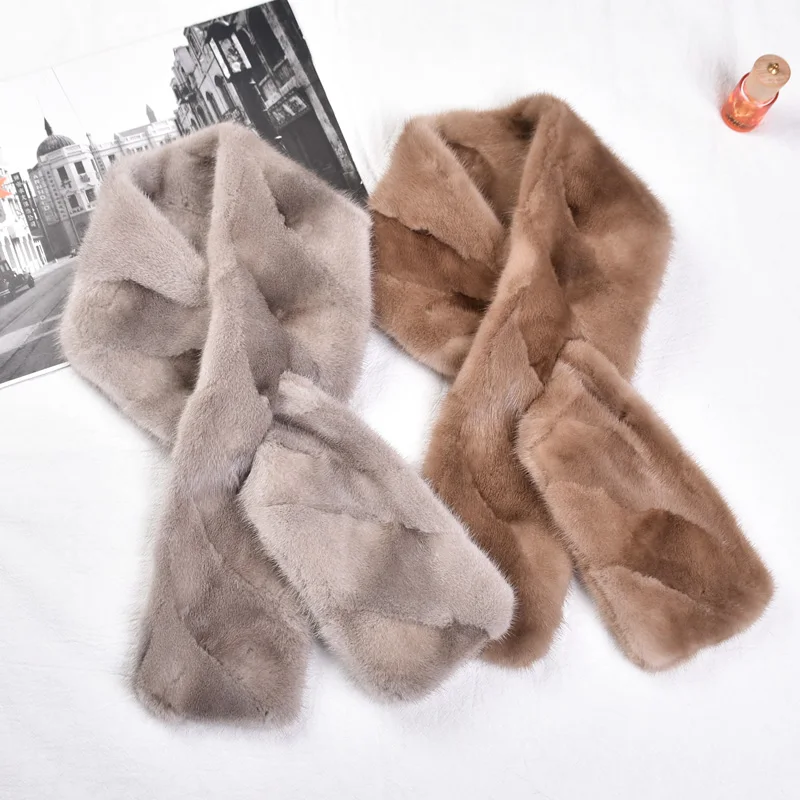 2024 New Real Mink Fur Scarf for Men and Women, Unisex Double-Sided, Keep Warm, Solid Color, Patchwork, Spring, Autumn, Winter