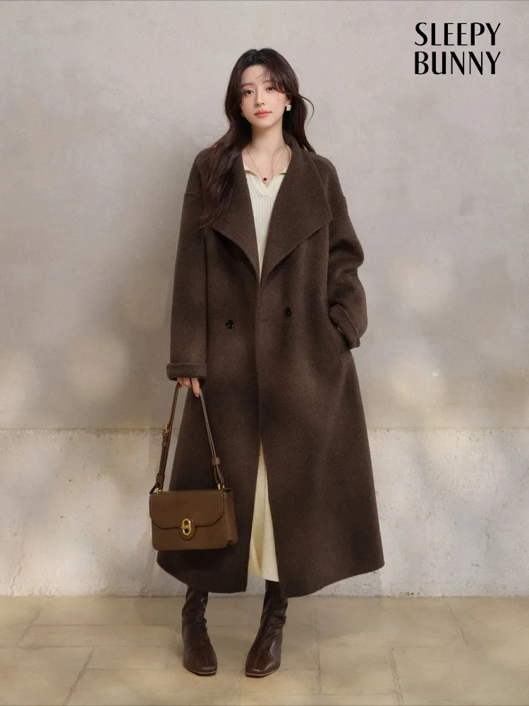 

Wool Double-Faced Long Coat for Women Oversized Lapel Wool-Like Overcoat Warm Brown Winter Outerwear for Elegant Office Layering