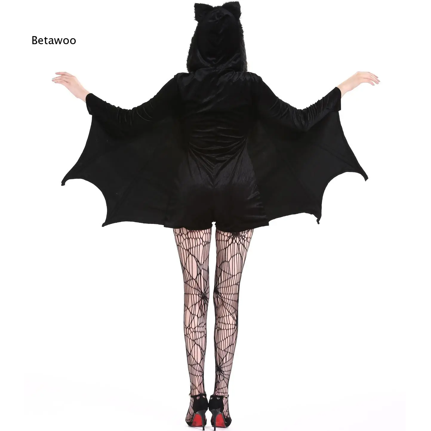 Women Halloween Bat Cosplay Costume Hooded Jumpsuit with Bat Wings Zipper Front Velvet Fancy Dress for Theme Party Carnival